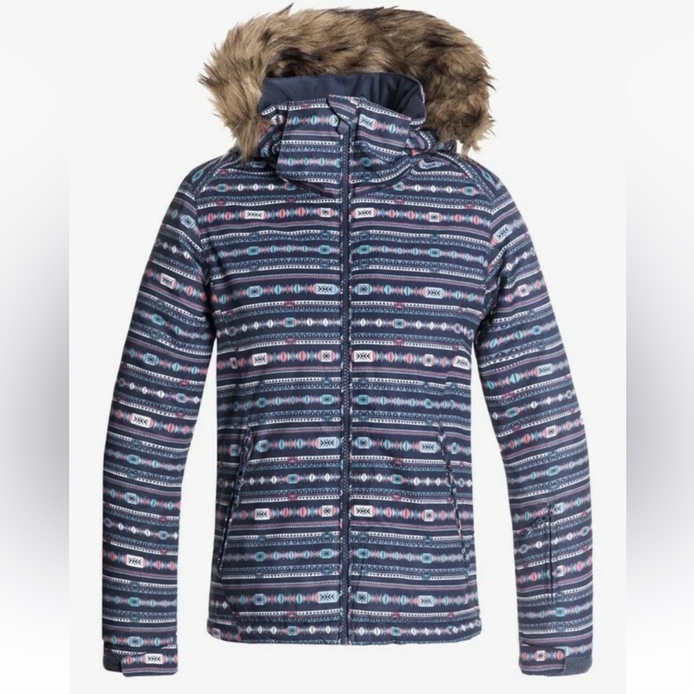 Roxy Girls DryFlight 10K Snow Jacket Navy Tribal Geometric Faux Fur Hood Size 10